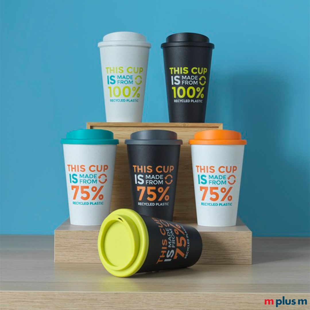 BPA-freier Kaffeebecher aus 75% recyceltem Material, erhältlich in vielen verschiedenen Farben