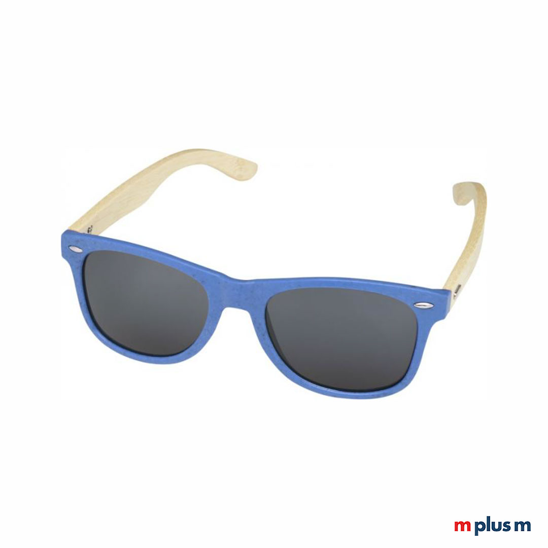 Günstige blaue Sonnenbrille mit Bambusbügeln als Werbegeschenk. Guter UV Schutz