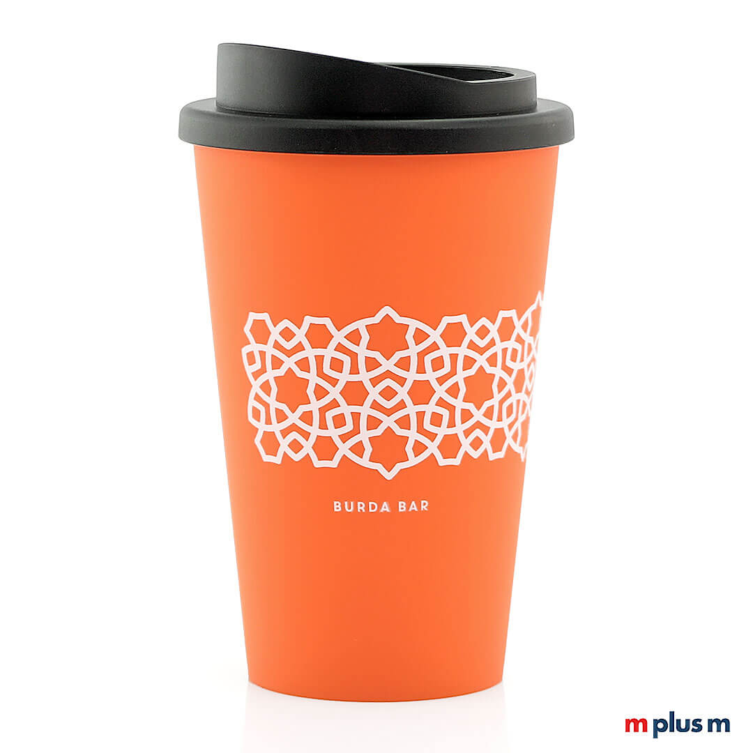 Coffee-To-Go-Thermobecher-orange-BB-1c-bedrucken Nachhaltiger Kaffeebecher Classic Coffee Shop in Farbe Orange. Doppelt isoliert und sehr schön und grossflächig mit Motiv zu bedrucken.