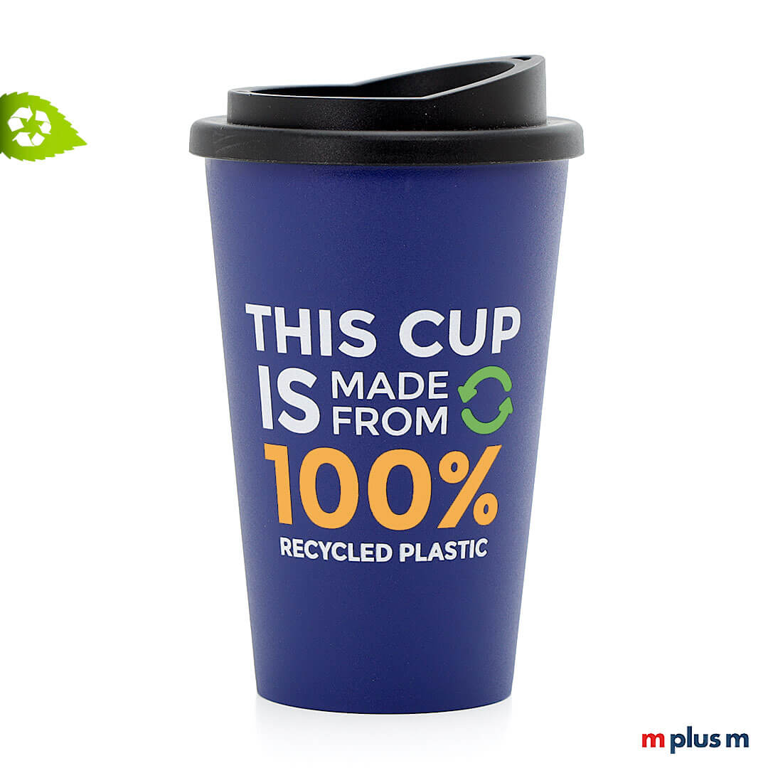 Green-Coffee-Shop-Thermobecher-bla-SD-3c Blauer Coffee To Go Becher aus Recycling Kunststoff mit 3c Logo spülmaschinenfest bedrucken