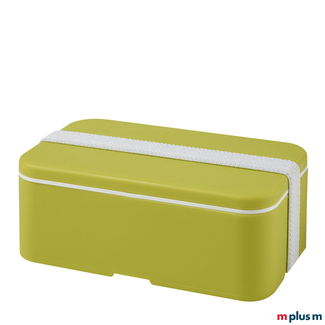 Die nachhaltige Lunchbox 'Miyo' in der Farbkombination: Box Grün und Recycling-Band Weiß als Werbeartikel bedrucken