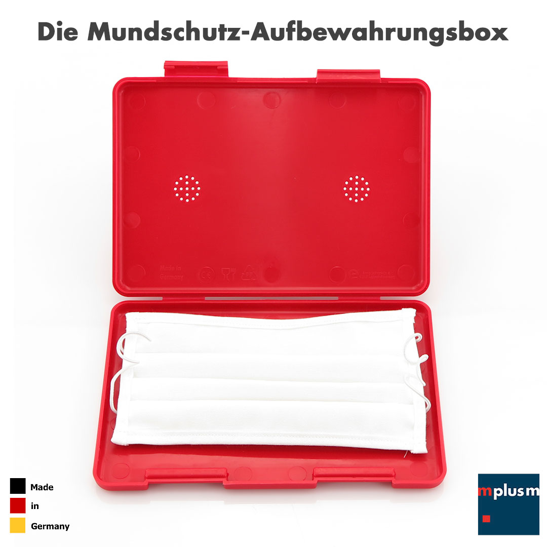 Masken- oder Mundschutz-Box. Hygienisch. Leicht zu reinigen. Mit Logo zu bedrucken. Made in Germany.
