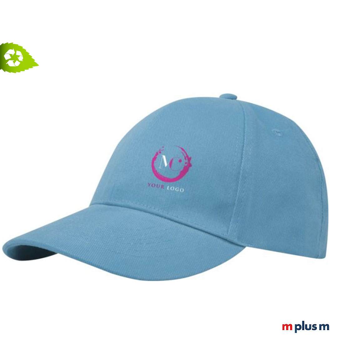 Cap aus 50% Recycling Baumwolle in Prozessblau mit Logo bedrucken
