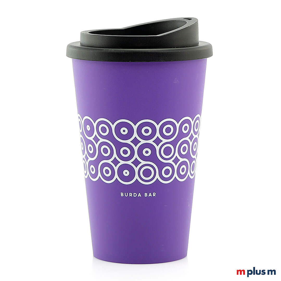 Lila-Thermobecher-Coffee-Shop-BB-bedrucken Classic Coffe Shop Thermobecher in Farbe Lila und rundum mit einfarbeigen Motiv zu bedrucken. Spülmaschinenfest und aus Europa.