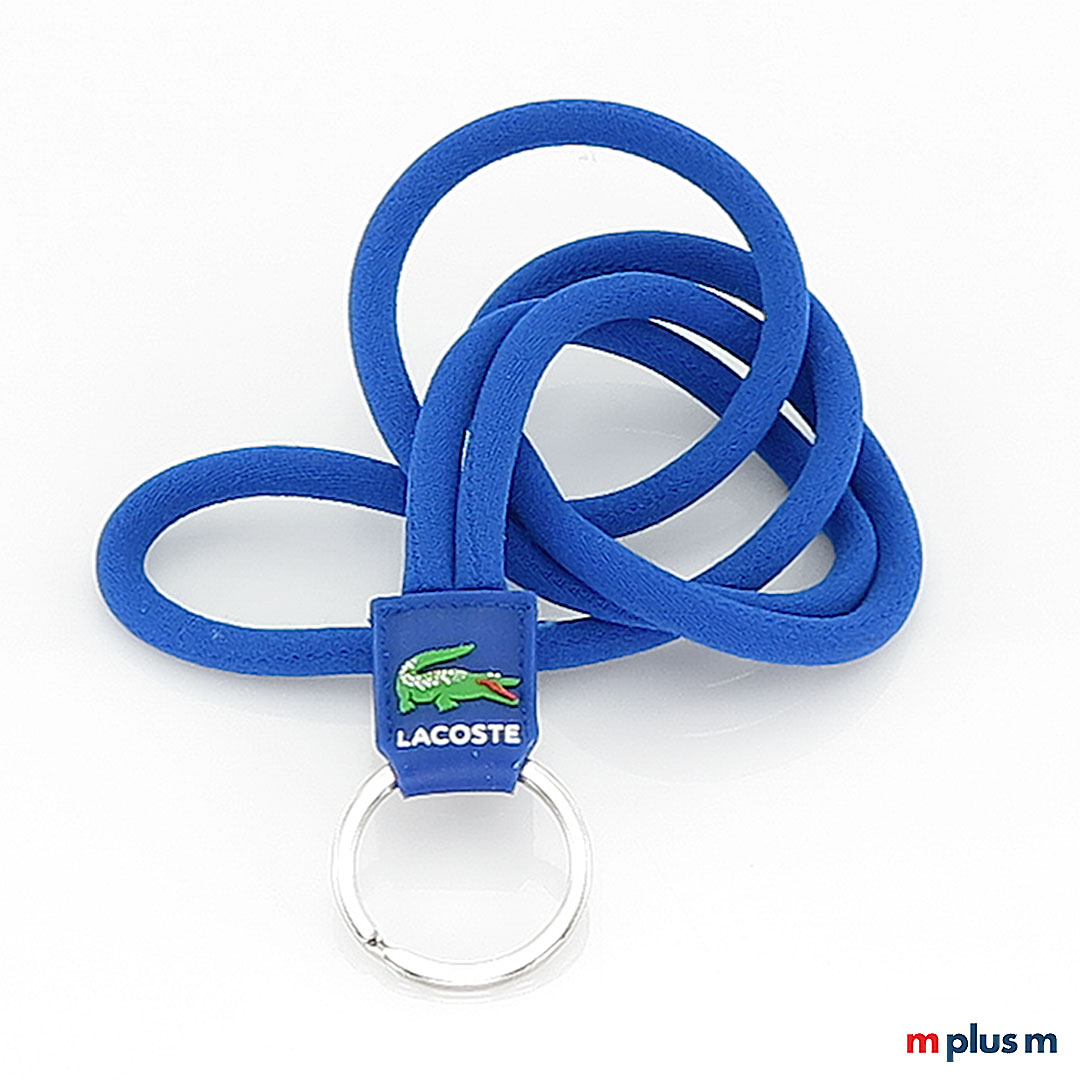 Tube Rubber Kordel Lanyard in blauer Kundenfarbe mit Logo auf Rubber Badge als Werbeartikel