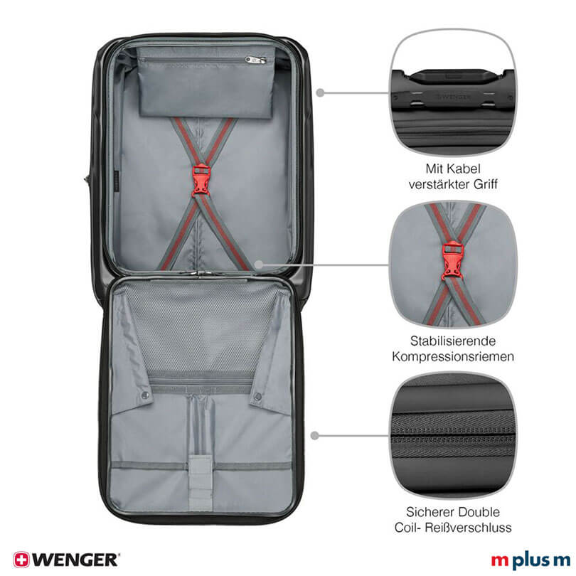 Schwarzer Wenger Amplix Cabin Trolley mit praktischem Innenfach und stabilem Reissverschluss, kompakter Koffer hochwertig mit Logo bedrucken