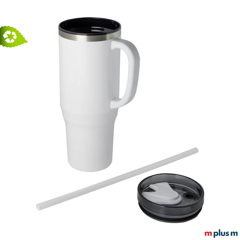 Miami Isolierbecher XXL Halm Weiss Preiswerter XXL Thermobecher Miami mit Strohhalm als Werbegeschenk in Weiß
