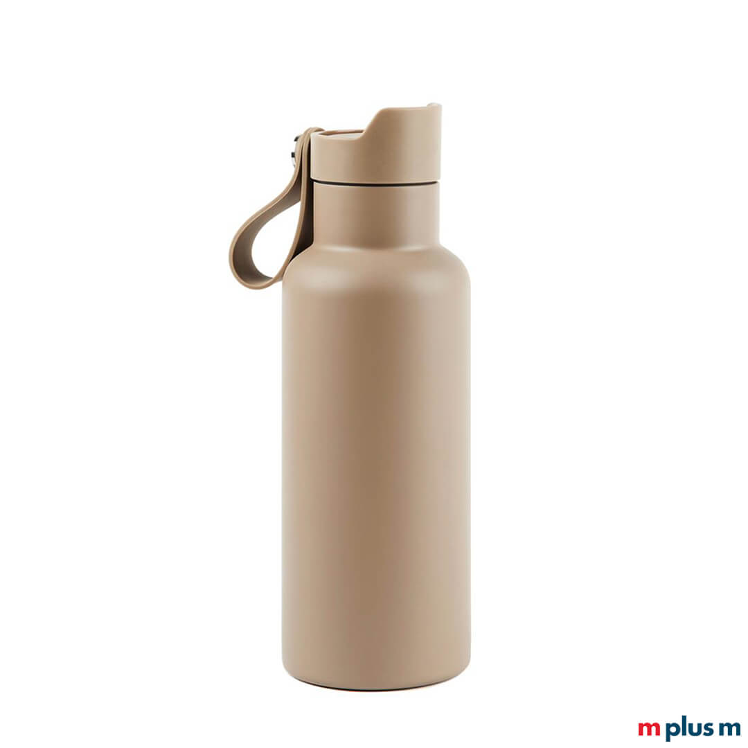 Beige-Trinkflasche-mit-Motiv-bedrucken-als-nachhaltiges-Giveaway Sporttrinkflasche in Greige - Grau Beiger - Farbe individualisieren mit Logo Druck als Kundengeschenk zum verschenken als nachhaltiges Werbegeschenk