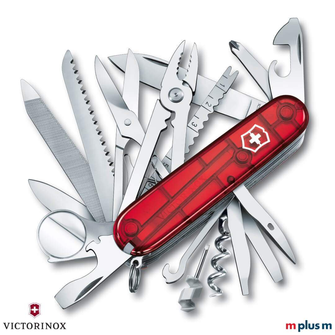 Swiss Champ Taschenmesser als Werbeartikel mit rot transparenten Schalen Swiss Champ Taschenmesser als Werbeartikel mit rot transparenten Schalen