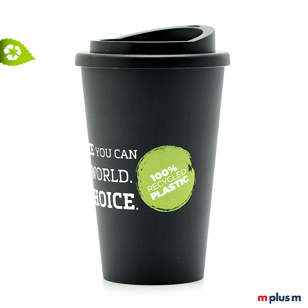 Nachhaltiger Coffee To Go Thermobecher aus 100% Recycling Material. Als Werbeartikel mit 2c Logo Druck