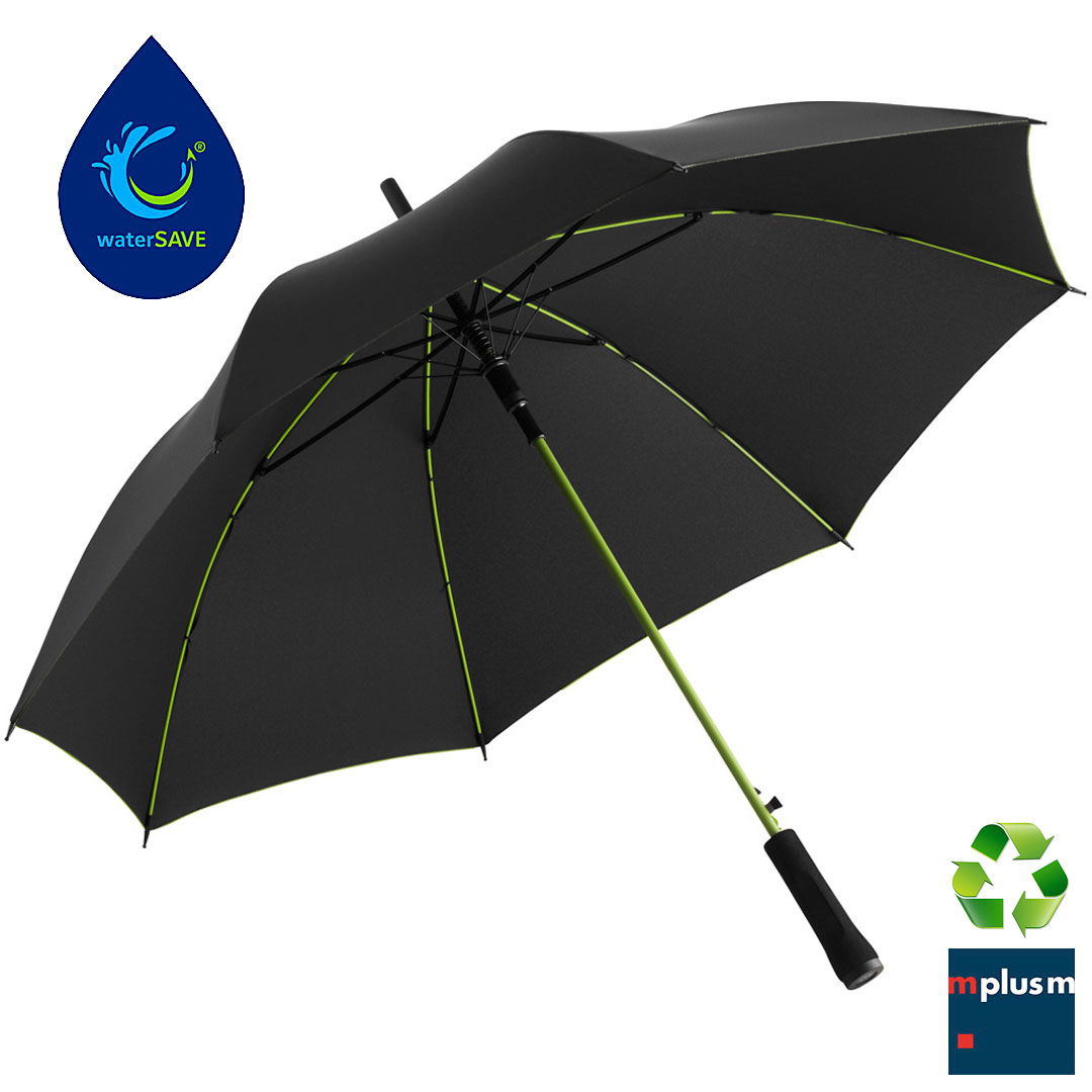 Preiswerter und nachhaltiger Regenschirm. Mit Recycling Bezug und waterSave. Schön mit Logo zu bedrucken.