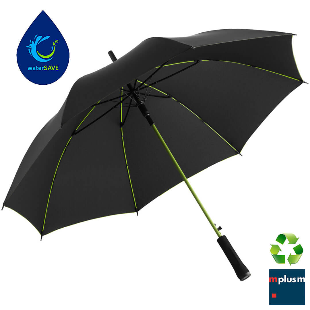 Nachhaltiger-Regenschirm-bedrucken-MON Preiswerter und nachhaltiger Regenschirm. Mit Recycling Bezug und waterSave. Schön mit Logo zu bedrucken.
