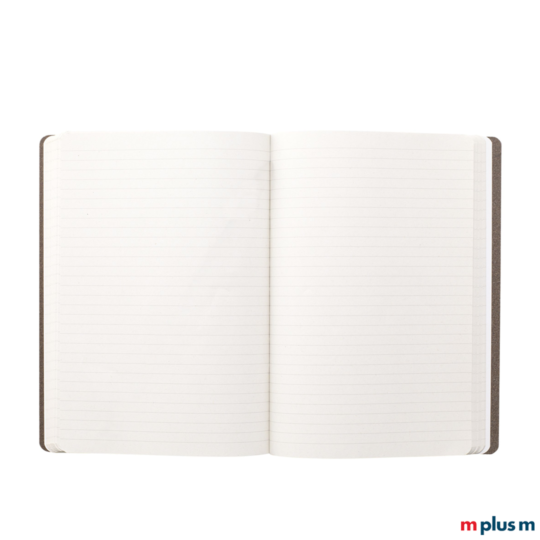Liniertes Schreibbuch din a5 aus 80 g/m² Papier. Band mit Logo bedruckt