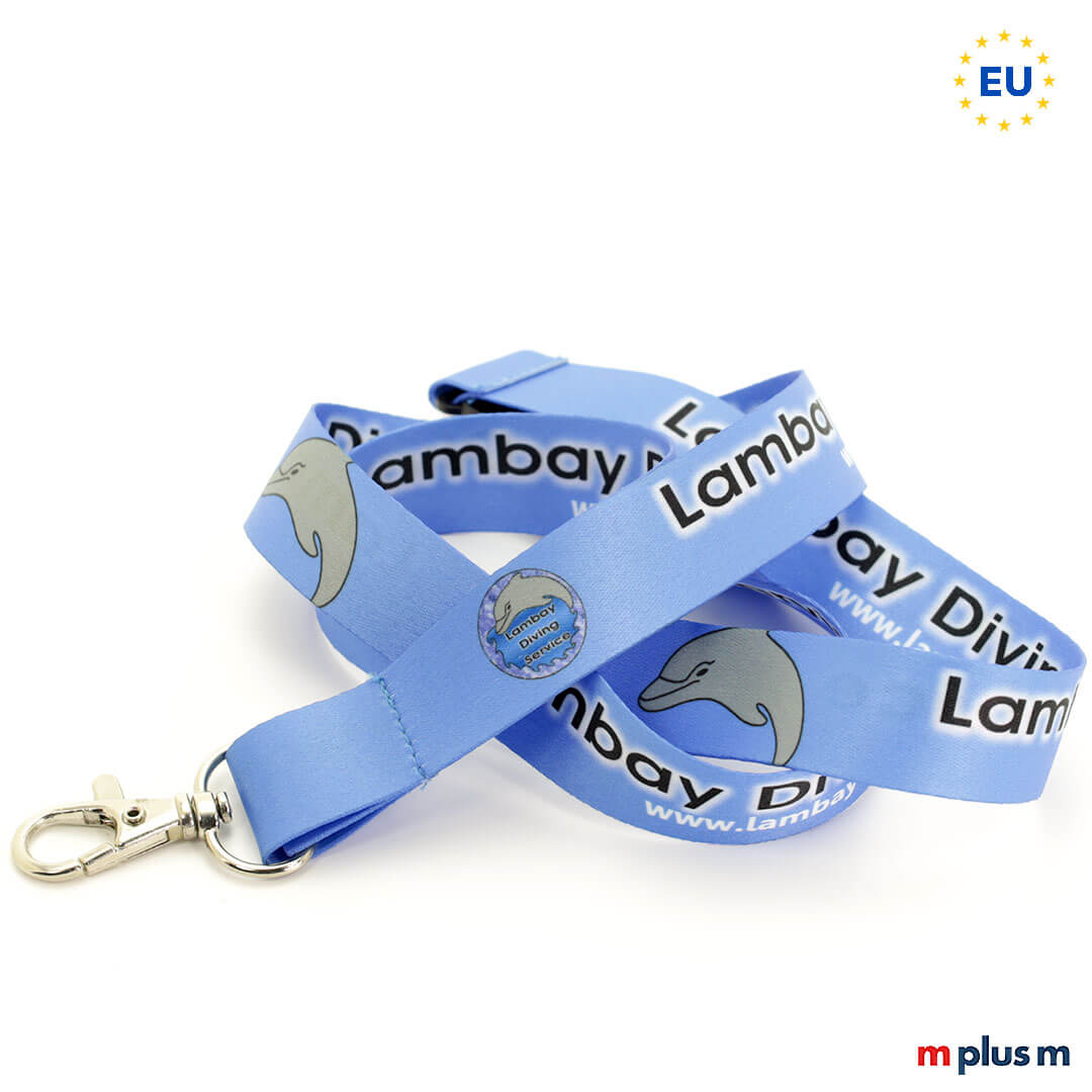 Eco Soft Lanyard Blau Delphin Preiswertes Lanyard aus Europa als Give Away komplett zu personalisieren
