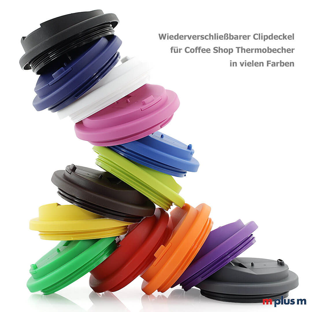 Coffee-Shop-Thermobecher-Clipdeckel Den wiederverschließbaren Clip Deckel für den Coffee Shop Thermobecher gibt es vielen Farben. Spülmaschinenfest und 100% Recycling-fähig