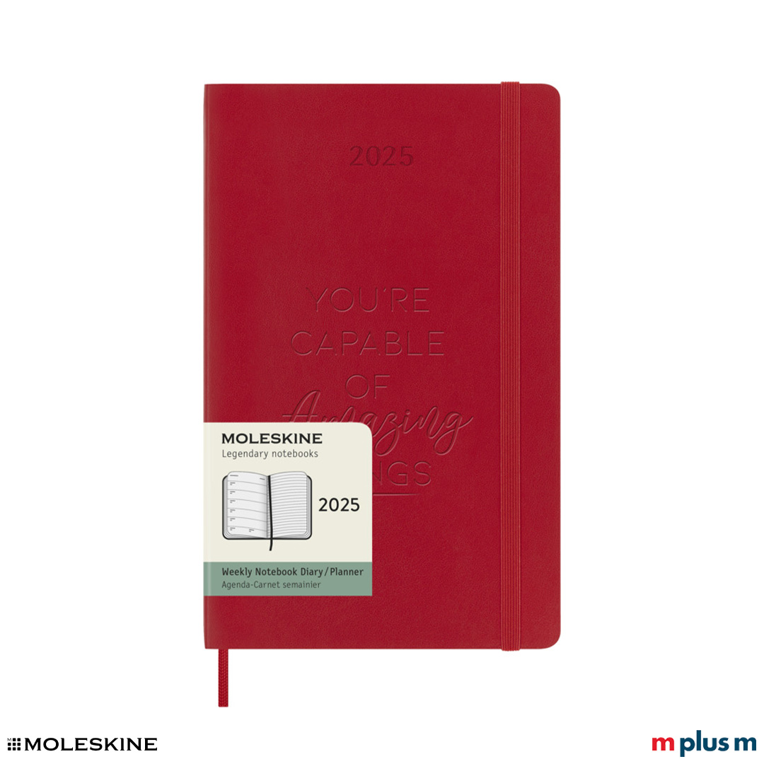 Roter Moleskine Tageskalender 2025 L, 205 g, mit 'In case of loss'-Notiz