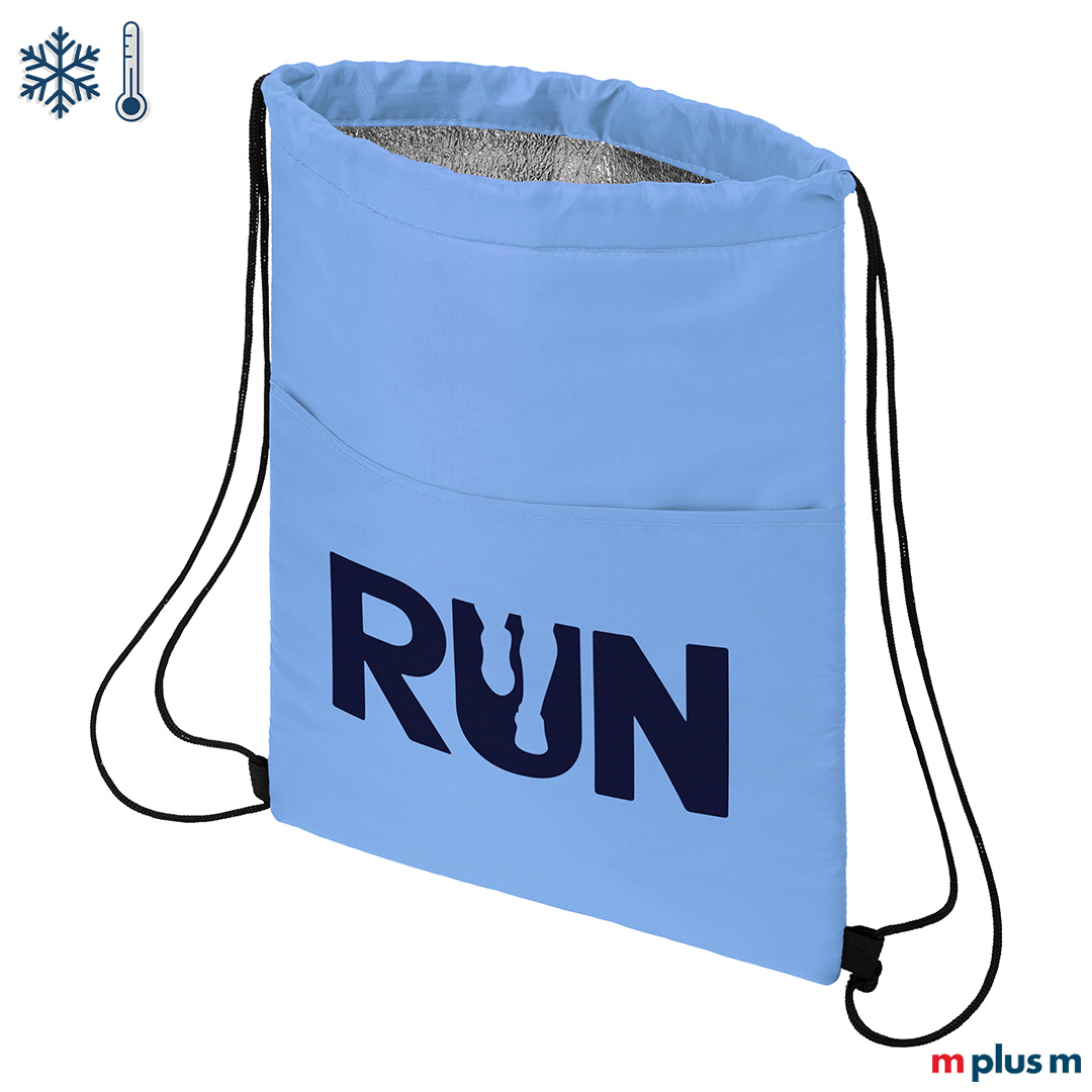 Isolierter Sportbeutel Rucksack in Farbe Hellblau als Giveaway mit Logo Druck