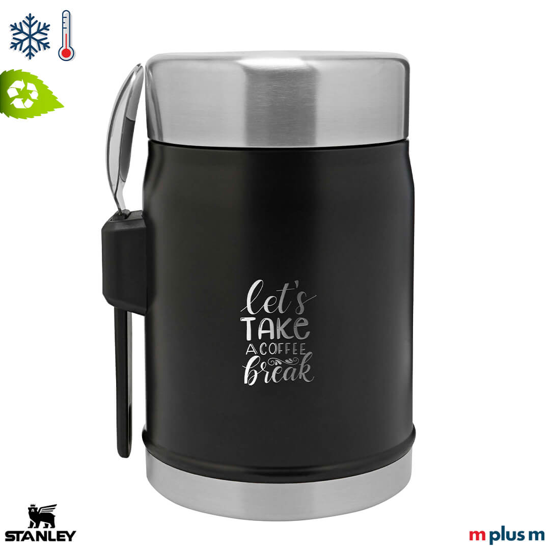 Schwarzer Stanley Isolierbehälter mit Göffel aus Edelstahl – personalisierbar mit Logo