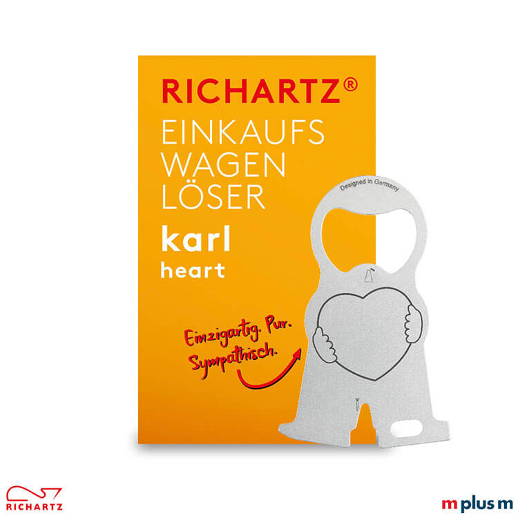 Metall Einkauswagenlöser mit Logo Gravur als Werbegeschenk Der Einkaufswagenlöser karl heart mit der Klappkarte als Einzelverpackung. Günstiger Streuartikel