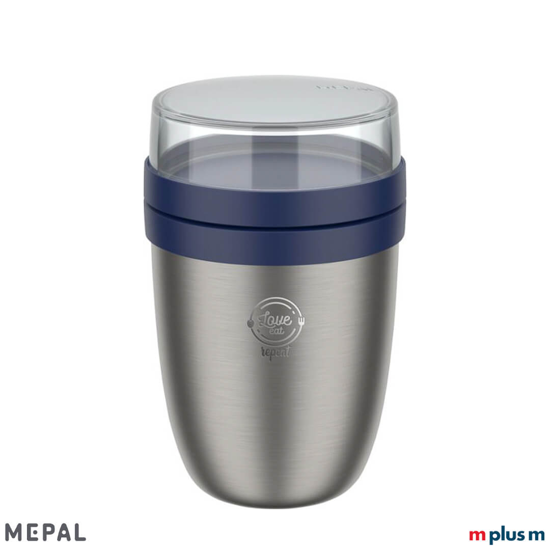 Thermo-Lunchpot aus Edelstahl in Silber mit blauem Kunststoffring und transparentem Deckel in Frontansicht