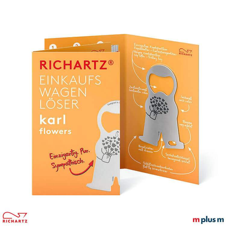 Karl Flowers Schlüsselanhänger mit Klappkarte Das Standardmotiv für die Einzelverpackung karl flowers. Der Einkaufswagenlöser kann ab 250 Stück auch mit individueller Einzelverpackung geliefert werden