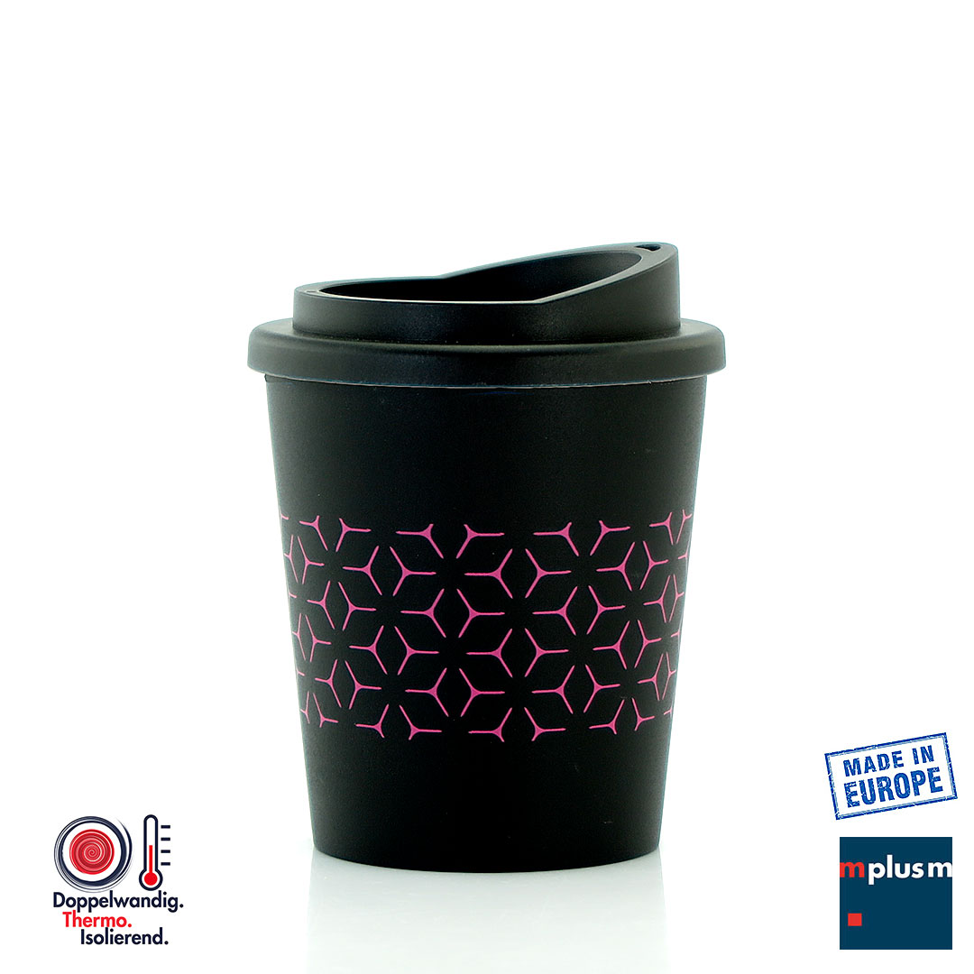 Coffee To Go Thermobecher in schwarz rundum mit Logo bedruckt