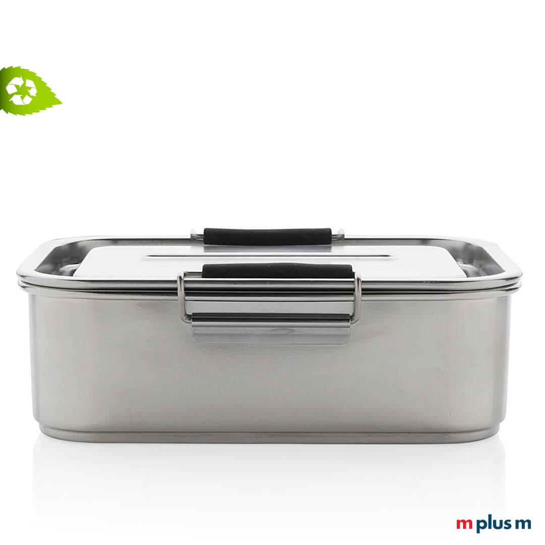 Recycling-Metall-Lunchbox-Iris-bedrucken Die 'Iris' Edelstahl Brotdose ist auslaufsicher und wird mit 2 Clipverschlüssen verschlossen. Ab einer Menge von 25 Stück können Sie die Edelstahl Brotdose bedrucken lassen