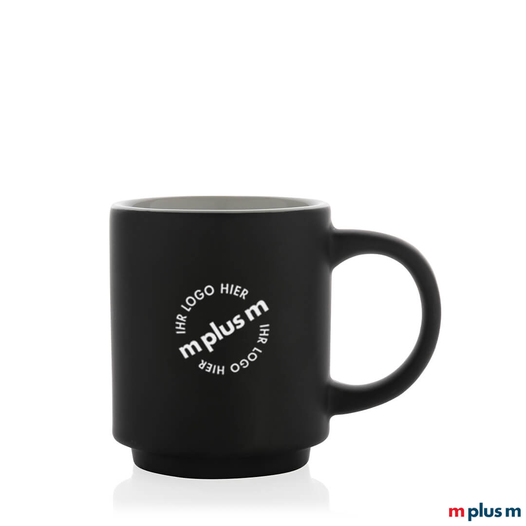 Schwarze stapelbare Kaffeetasse mit Ihrem Logo bedrucken