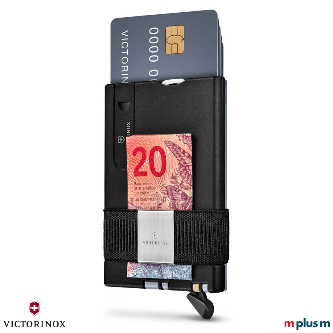 Graues Smart Card Wallet von Victorinox mit schlankem Aluminium-Case und flexiblem Gummiband für Karten