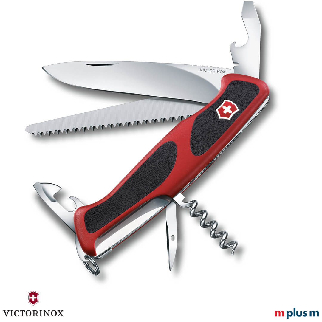 Victorinox Ranger Grip 55 Rot ausgeklappt Großes Victorinox Taschenmesser Ranger Grip 55 als Werbegeschenk mit Logo Druck