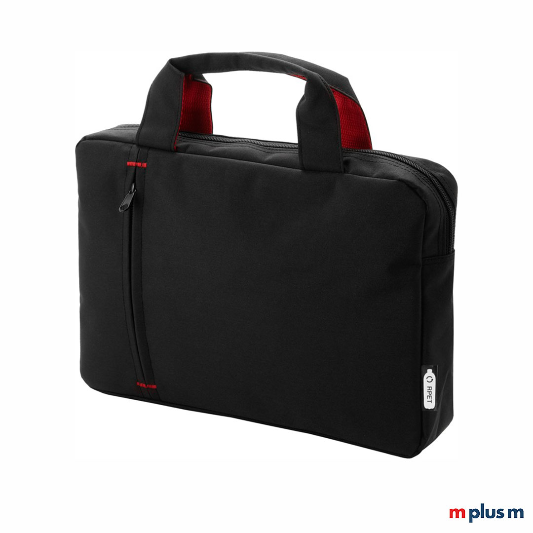 Schwarze Laptoptasche mit roten Henkeln aus recyceltem PET mit eigener Werbung gestalten. Ein schönes Werbegeschenk für Ihre Mitarbeiter.
