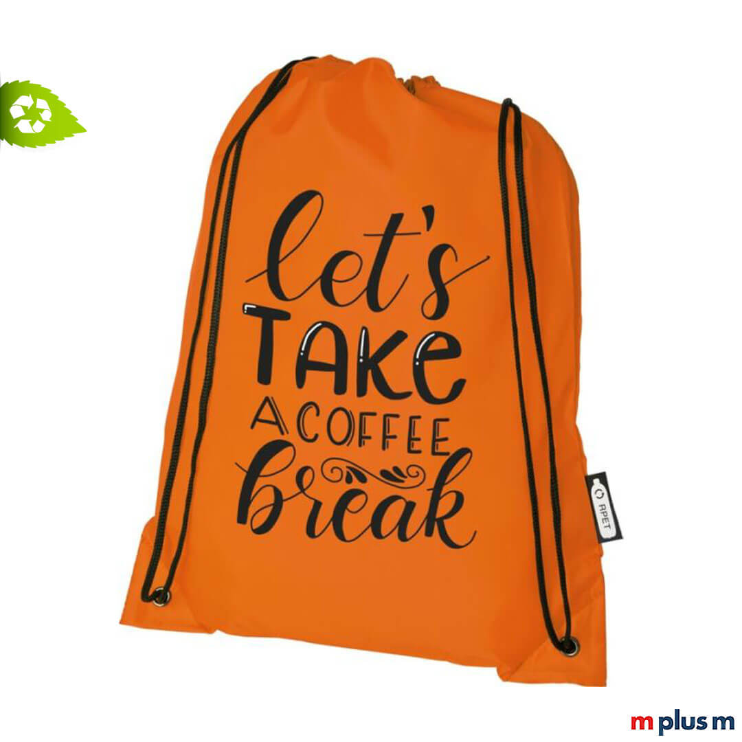 Sporttasche-nachhaltig-recycling-Kunststoff-als-Werbegeschenk Turnbeutel orange mit Logo aus recycling Flaschen als nachhaltiges Giveaway