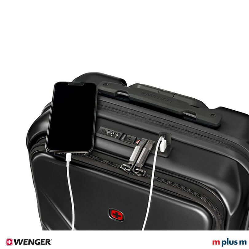 Schwarzer Wenger Amplix Carry-On mit Double-Coil-Reissverschluss und vier Doppelrollen, stabiler Trolley für Reisen hochwertig mit Logo bedrucken