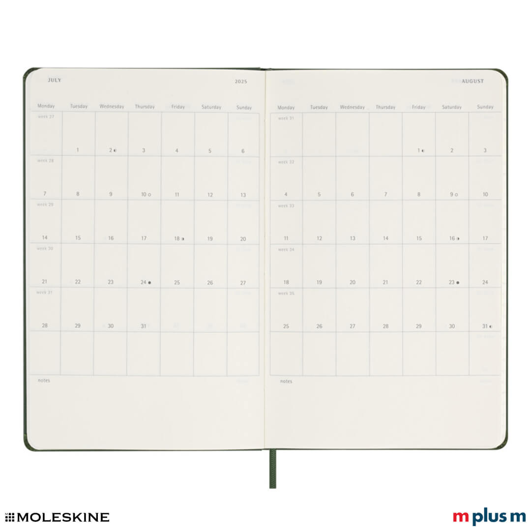 Dunkelgrüner Moleskine Kalender 2025 L, flaches Lesezeichen und extra Aufkleber