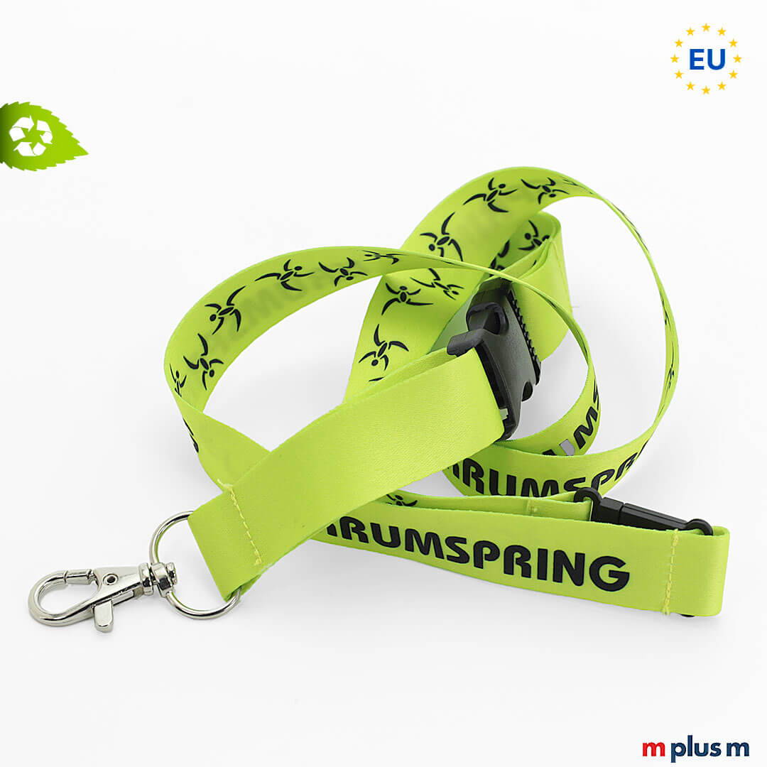 Eco Soft Recycling Lanyard Schlüsselband mit Logo bedrucken Vollfarbig bedrucktes Schlüsselband Lanyard aus PET Flaschen recycling Material. Aus der EU und komplett in Ihrer Farbe und mit Ihrem Design. Preiswert!