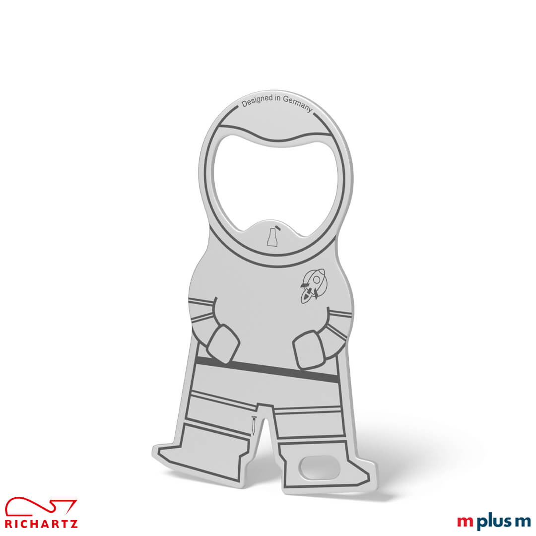Richartz Karl Astronaut mit vielen verschiedenen Gadgets zum bedrucken mit individuellem Logo als umweltfreundlicher Werbeartikel Der Einkaufswagenlöser karl space aus Metall ist als Werbeartikel sehr schön zu personalisieren.