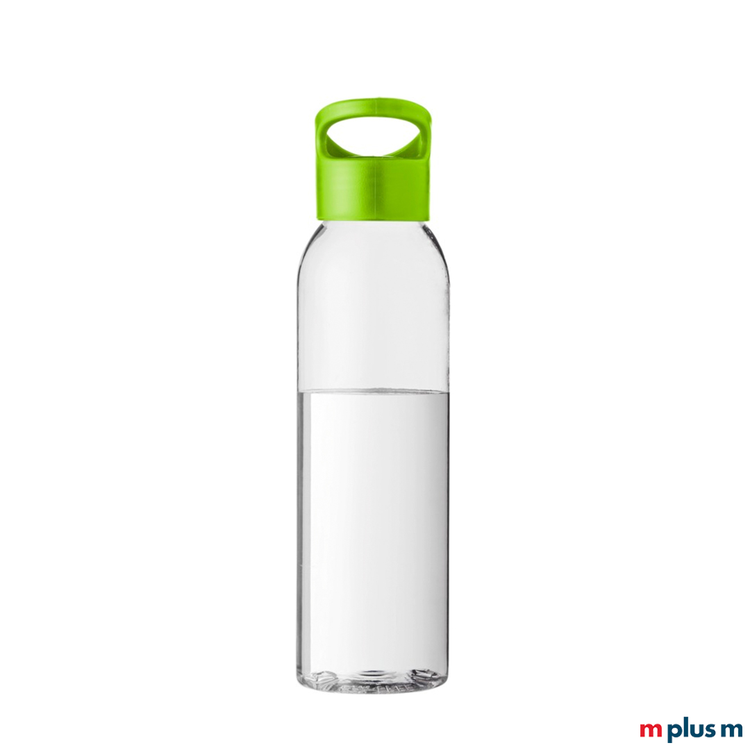 Transparente Sportflasche mit grünem Deckel als Werbegeschenk bedrucken