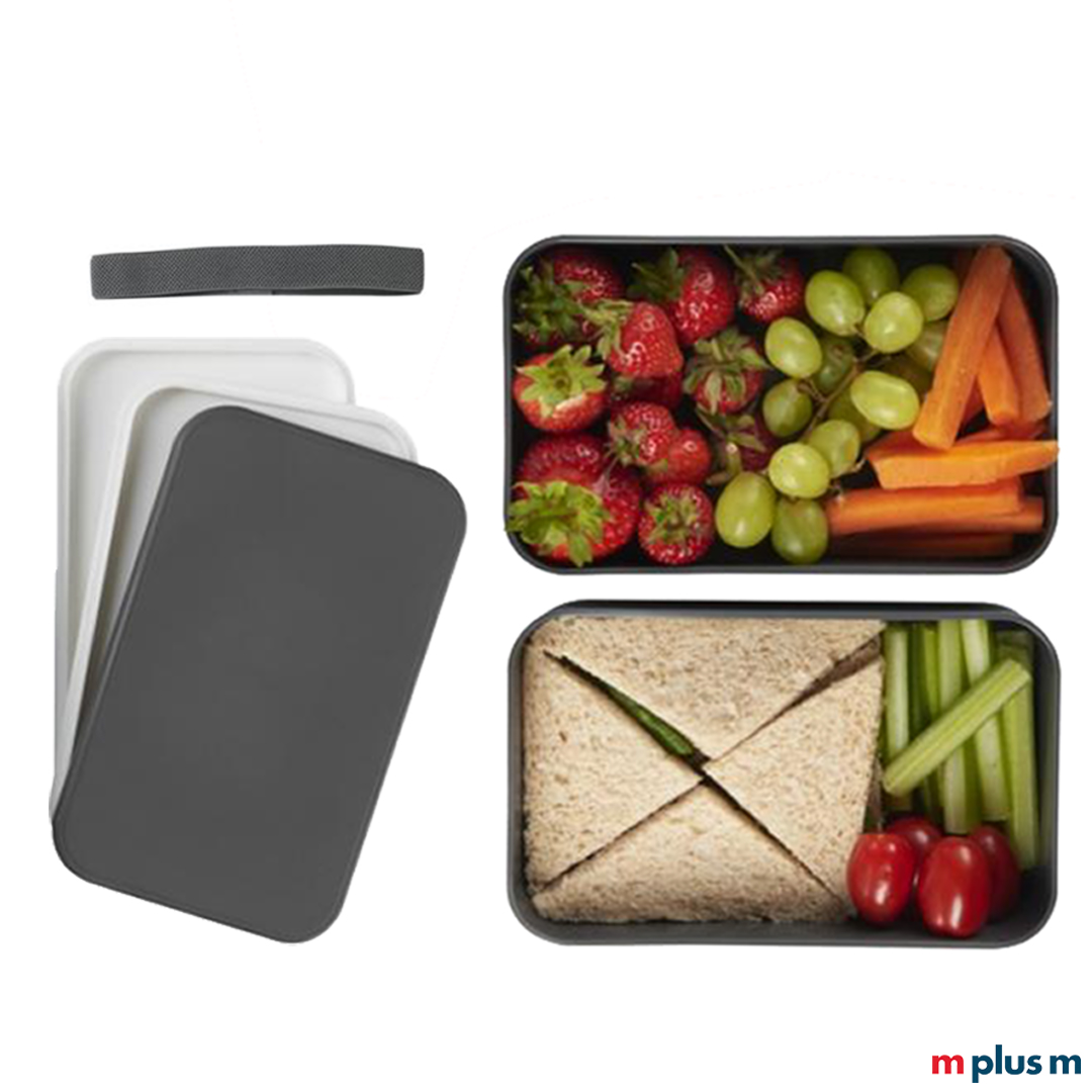 Die Lunchbox bietet sehr viel Platz für Ihr Essen in verschiedenen Fächern. Nachhaltiger Werbeartikel für die Uni, die Schule oder das Essen im Büro