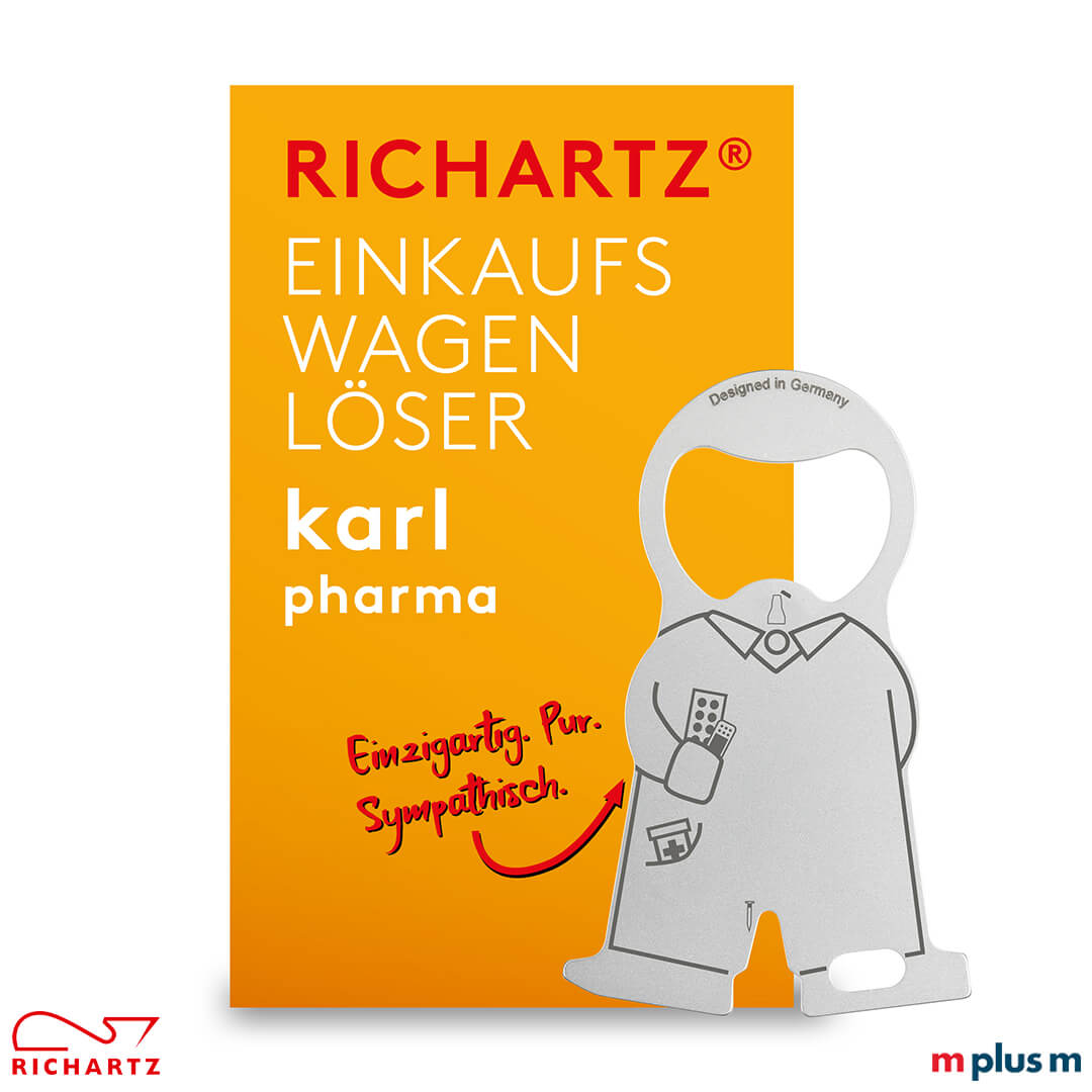 Richartz Flaschenöffner für Schlüsselbund aus hochwertigem Material als nachhaltiges Werbegeschenk Giveaway für alle Berufe in der Gesundheitsbranche: karl pharma Einkaufswagenlöser aus Metall mit Logo Gravur