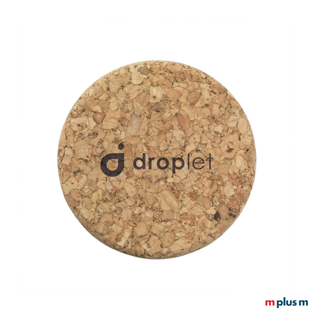 Deckel der EcoBottle Wasserflasche aus Naturkork mit Lasergravur Druck Deckel der EcoBottle Wasserflasche aus Naturkork mit Lasergravur Druck