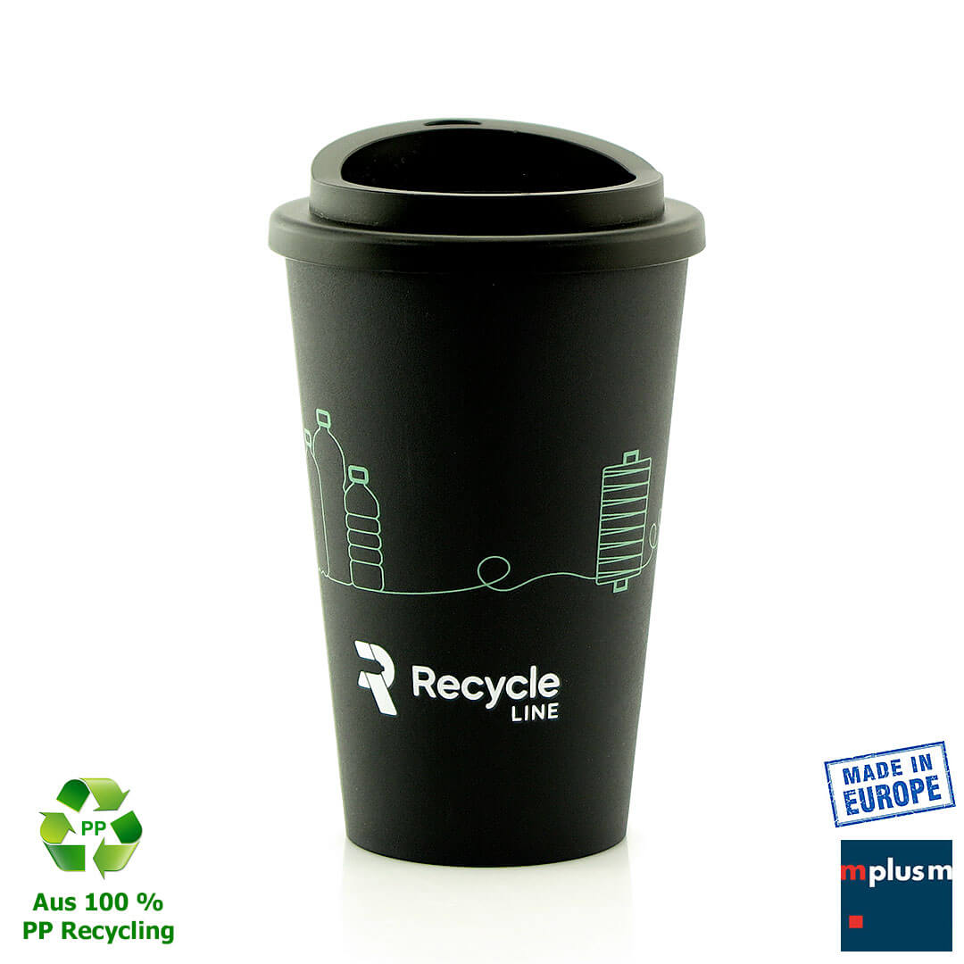 Nachhaltiger-Recycling-Thermobecher-Referenz Referenz: Nachhaltiger Coffee To Go Thermobecher aus 100% Recycling Material. Mit Motiv bedruckt.