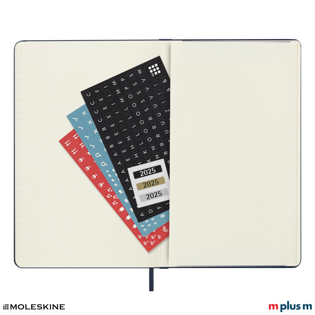 Moleskine Wochenkalender 2025 L, Hardcover, in Dunkelblau, 340 g, erweiterbare Innentasche mit Aufklebern