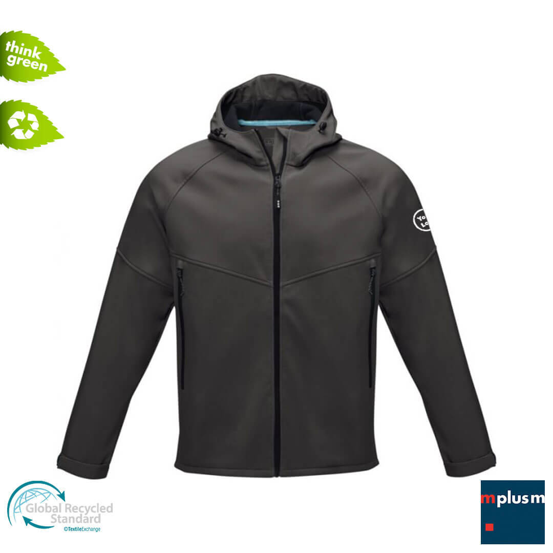 Schwarze-Softshell-Teamjacke-Recycling-Stoff Nachhaltige Teambekleidung: Recycling Softshell Jacke in grau. Mit Logo zu bedrucken