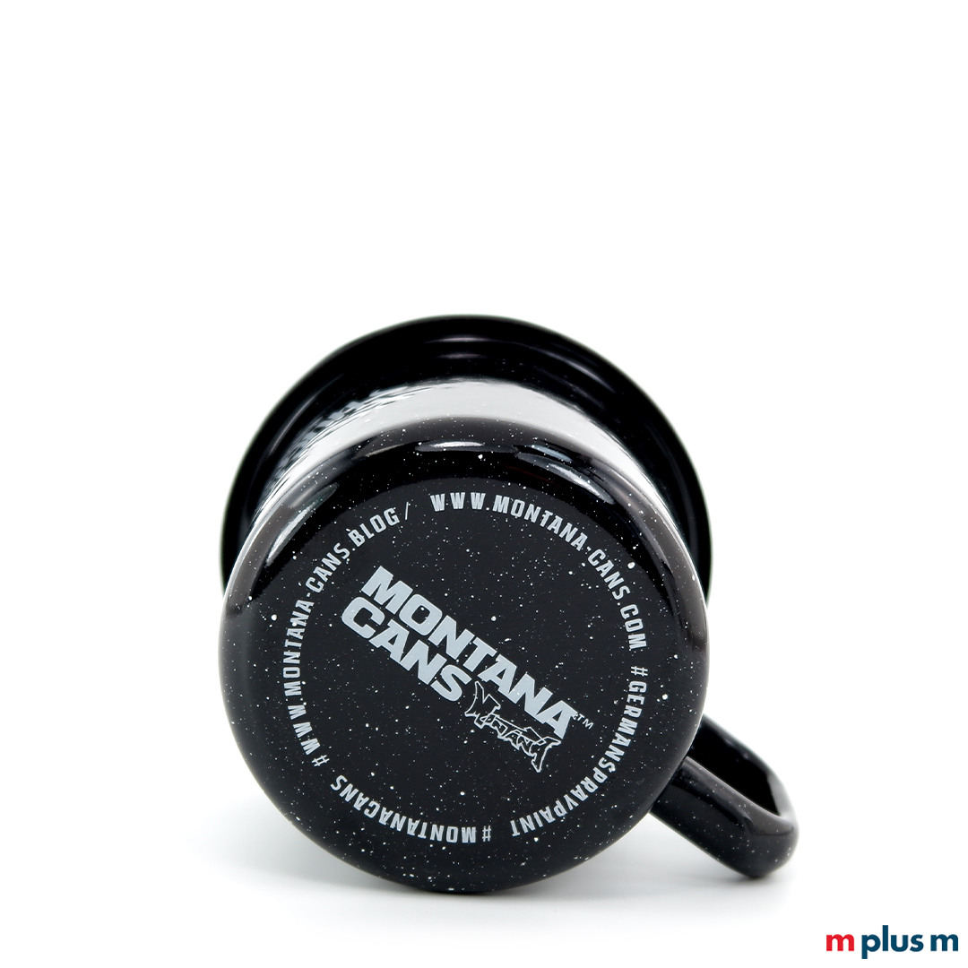 Spülmaschinenfest: Schwarze Emaille Tasse aus Europa mit Logo Druck auf Tassenboden