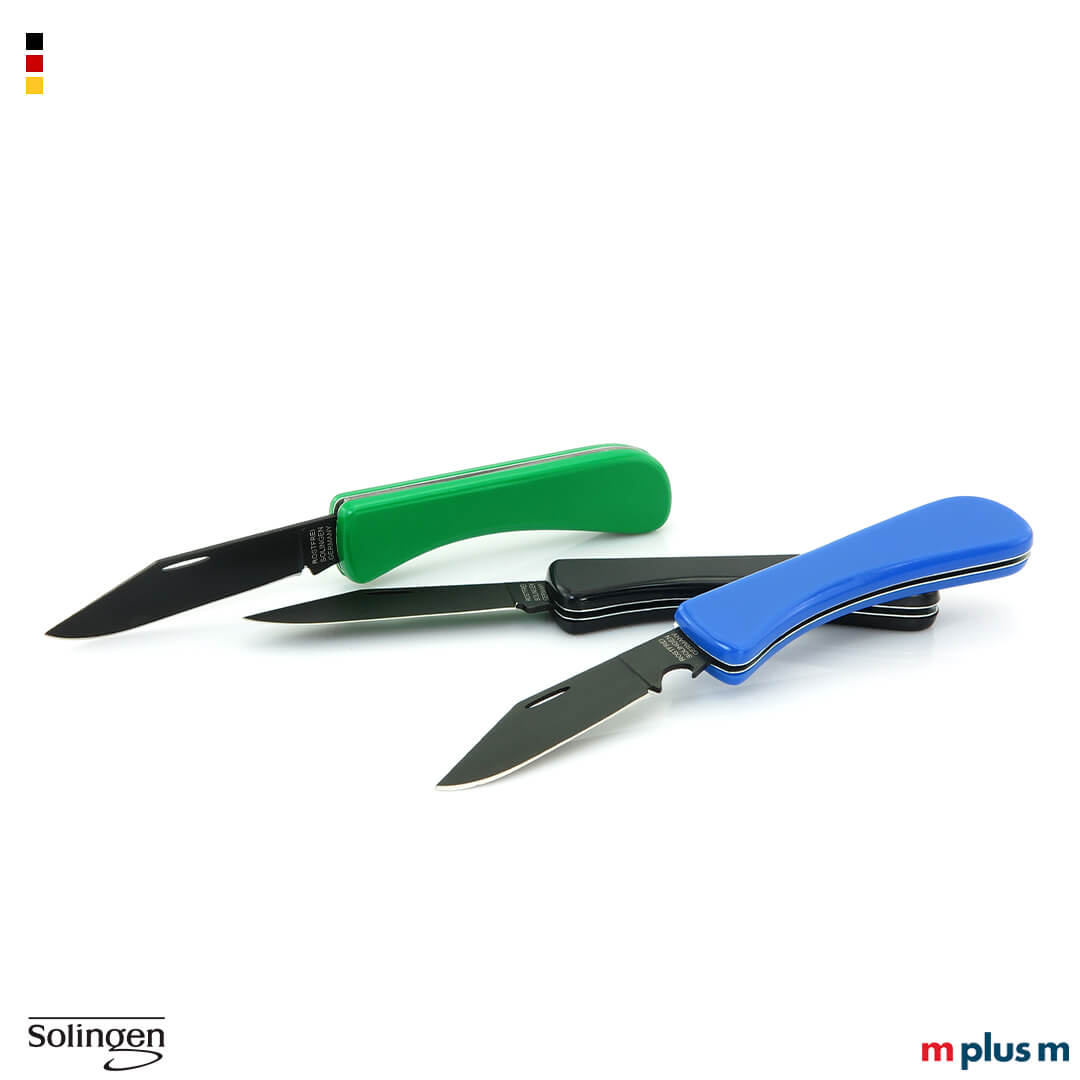 Grün, blau und schwarz: Farben beim Solinger Taschenmesser Auch mit Teflon-beschichteter Klinge: Das Solinger Taschenmesser als Werbeartikel
