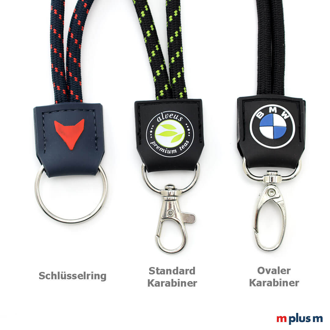 Karabiner Details bei Kordel Lanyards Ihr Werbeartikel Lanyard auf Wunsch mit Schlüsselring, Standard- oder ovalem Karabiner