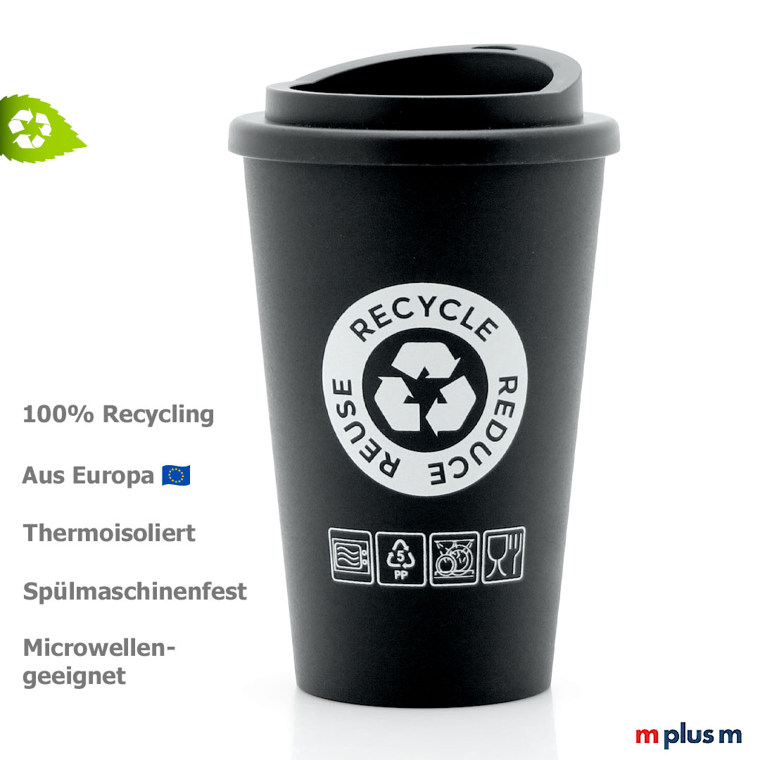 Recycling Coffee To go Becher aus Europa mit individuellem Aufdruck. Spülmaschinenfest.