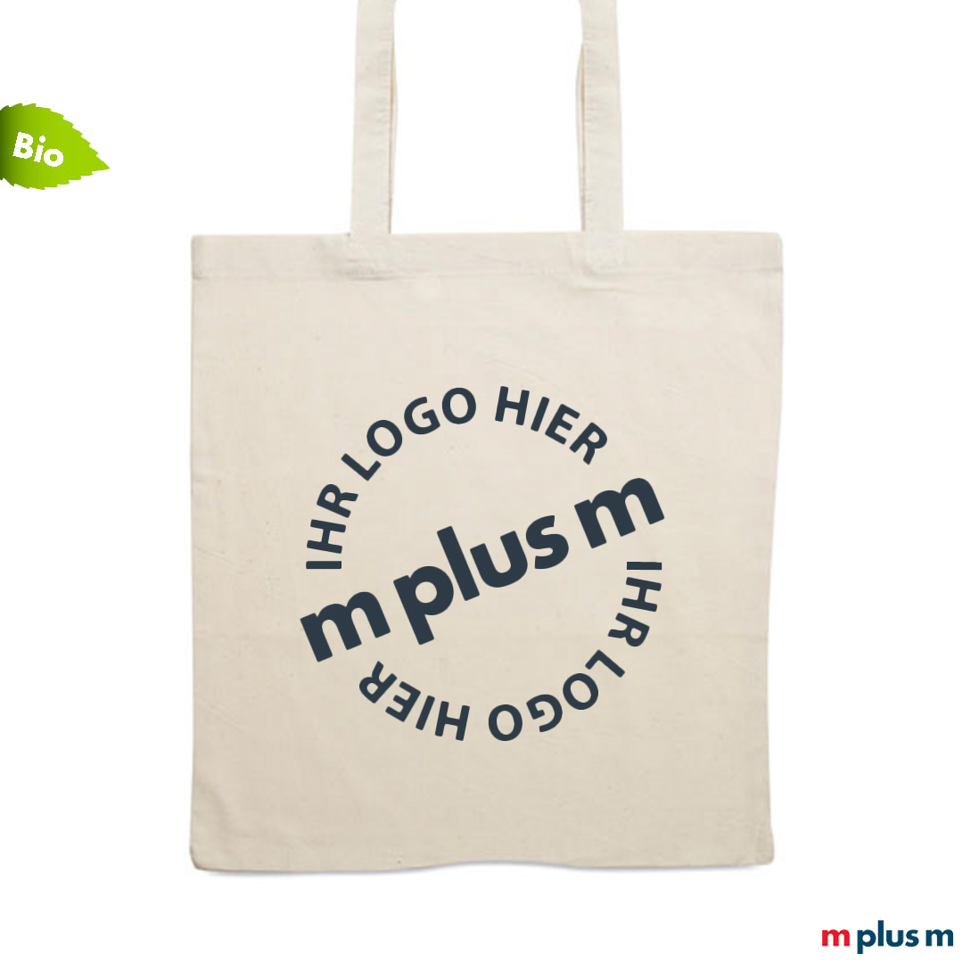 Nachhaltige beige Stofftasche als Werbegeschenk mit Ihrem Logo bedrucken