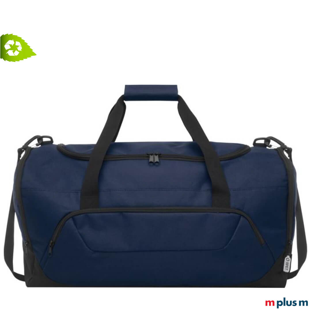 Nachhaltiger-Weekender-gross-in-blau-aus-nachhaltigem-Stoff-zum-bedrucken-mit-Logo Sporttasche mit 40L Volumen und vielen Fächern zum trennen von verschiedenen Sportsachen