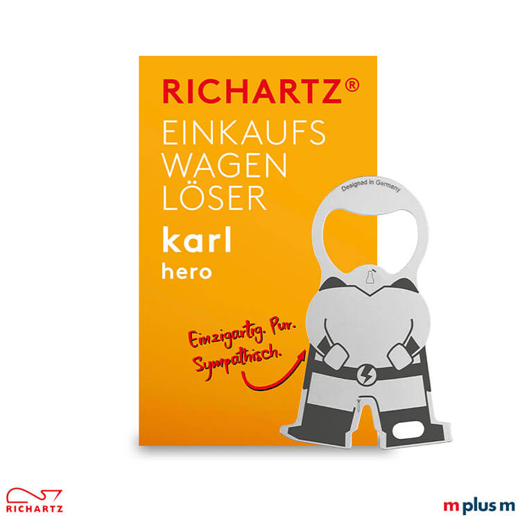 karl hero Schlüsselanhänger mit Klappkarte Klappkarte als Einzelverpackung beim Einkaufswagenlöser karl hero als Streuartikel